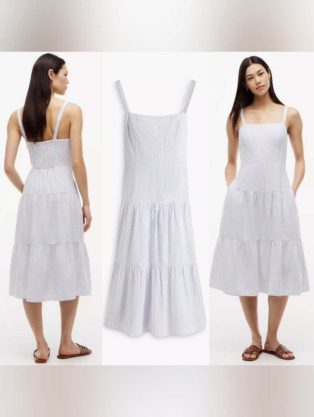 NWT Tommy Hilfiger Linen Blend Light Blue & White Striped Square-Neck Midi Dress